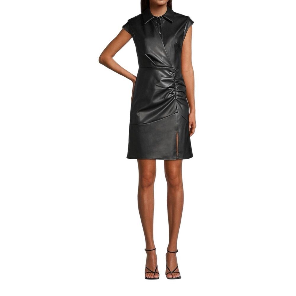 Milly NWOT Maxwell Vegan Leather Dress Black Collared Cap Sleeve Ruched Sz 4